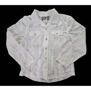 Chicos Large Sheer White Floral Button Up Shirt Blouse Top Pockets Shell Buttons